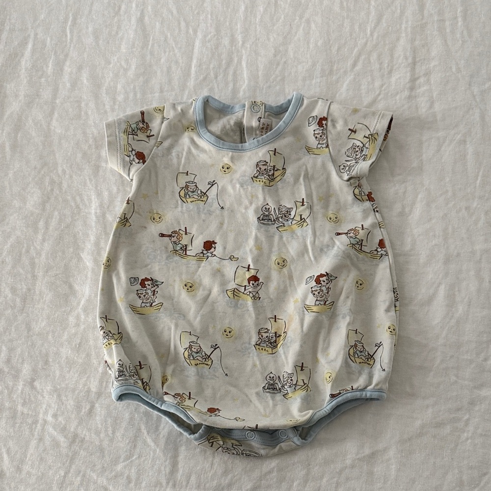 Baby Short Sleeve Romper with Boat Print - Pale Blue Trim